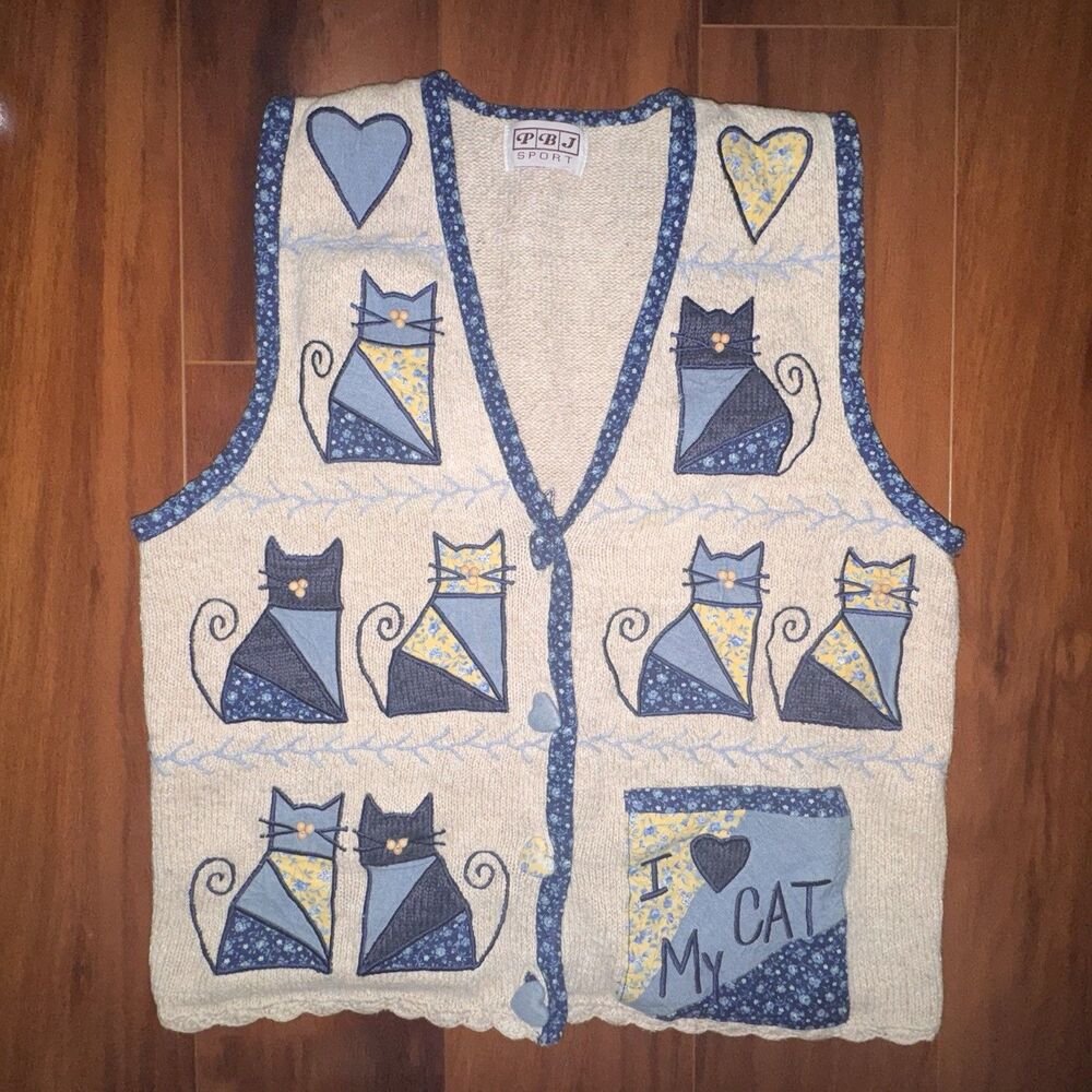 Vintage PBJ Sport Cat Sweater Vest Patchwork Applique Tie Front Cottagecore M